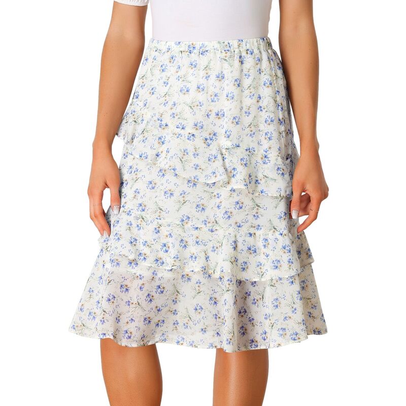アレグラ ケー レディース ボトムスカート フリル裾 シフォン フリル ミディ ALLEGRA K Women's Elastic Waist Ruffle Hem Layered Chiffon Midi Skirt Beige ベージュ