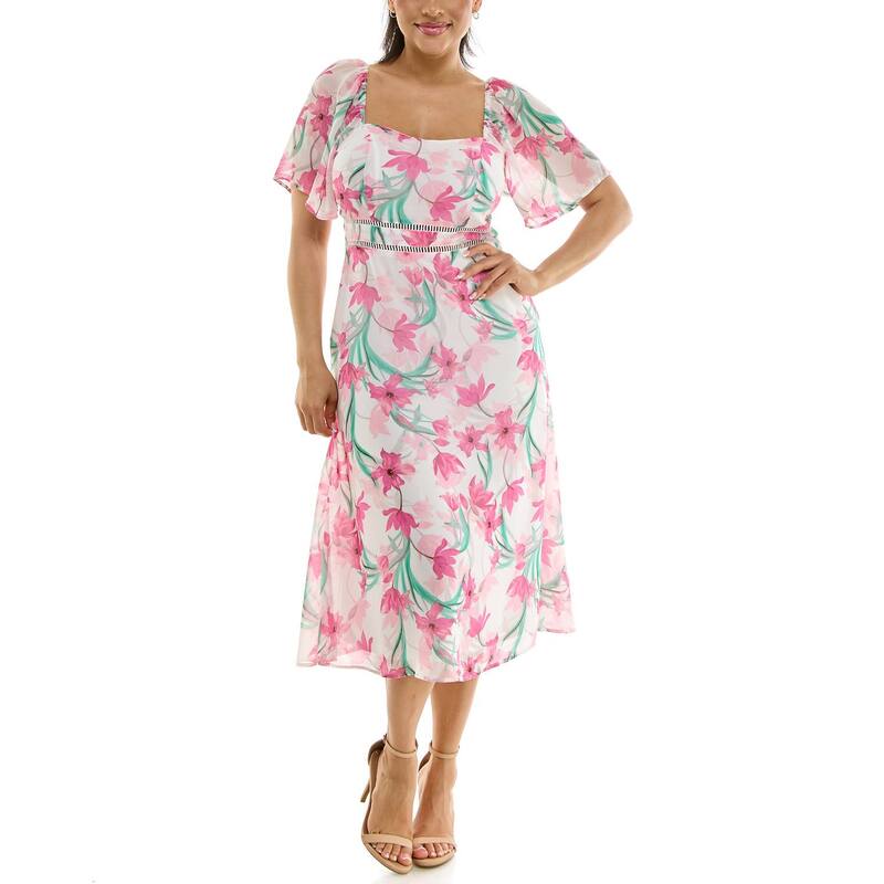 ニナレオナルド レディース トップス ワンピース フラワー柄 フラワー Women Nina Leonard Floral Flutter Sleeve Sweetheart Neck Dress Pink Ribbon Multi ピンク