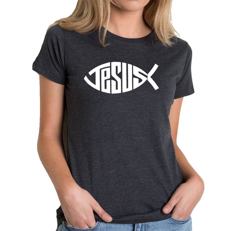 エルエーポップアート レディース トップス Tシャツ LA Pop Art Christian Jesus Name Fish Symbol - Women's Premium Blend Word Art-shirt Black ブラック