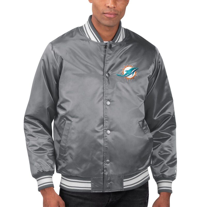 スターター レディース アウター ジャケット・ブルゾン サテン Men'starter Gray Miami Dolphins Lockeroom Satin Varsity Full-Snap Jacket Dol Grey グレー