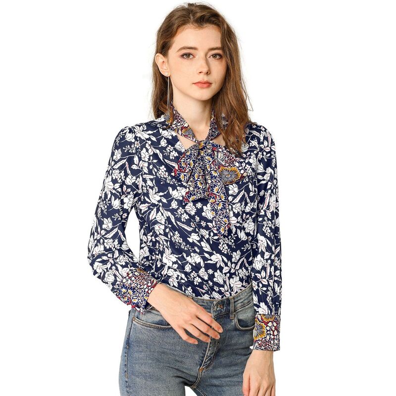 アレグラ ケー レディース トップス シャツ ヴィンテージ フラワー柄 コントラスト ブラウス フラワー ALLEGRA K Women's Bow Tie Long Sleeve Contrast Color Vintage Floral Blouse Blue ブルー