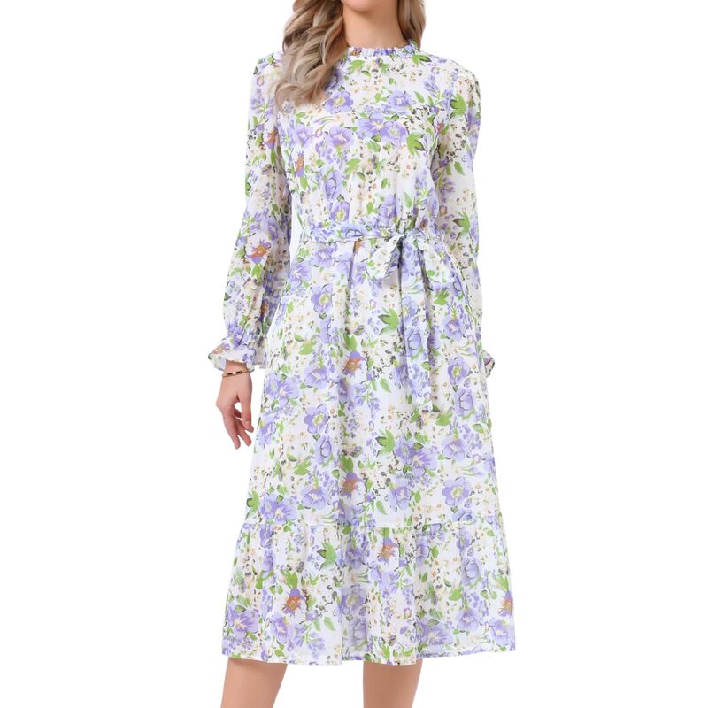 アレグラ ケー レディース トップス ワンピース モックネック シフォン フラワー柄 ミディ フラワー ALLEGRA K Floral Mock Neck Dress for Women's Long Sleevelastic Waist Flowy Chiffon Midi Dresses Light Purple パープル｜ReVida 店 10,486円