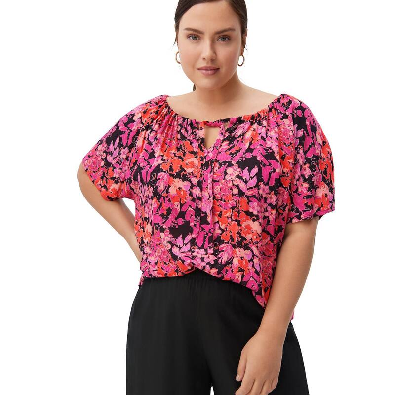 Ellos レディース トップス プルオーバー つけ加える大きさ トップ ellos Plusize Keyhole Peasant Blouse Black Pink Print 黒いこと