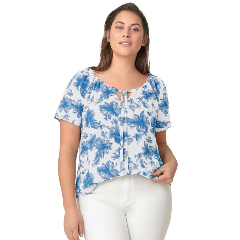 Ellos レディース トップス プルオーバー つけ加える大きさ トップ ellos Plusize Keyhole Peasant Blouse White Blue Floral 白いこと