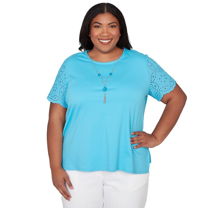 アルフレッド ダナー レディース トップス Tシャツ プラスサイズ レース Plusize Alfredunner Solid Eyelet Sleeve Tee with Necklace Turquoise ターコイズ 10,110円