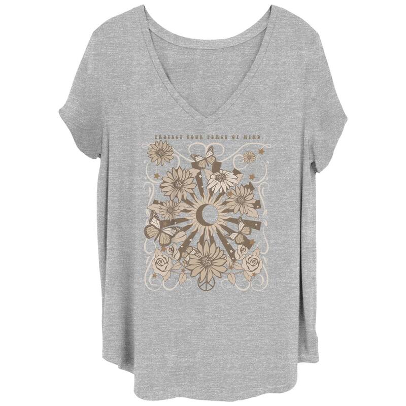 アニメキャラクター レディース トップス Tシャツ フラワー柄 プラスサイズ フラワー グラフィック Licensed Character Juniors' Plus Protect Your Peace Of Mind Floral Graphic Tee Heather Gray グレー