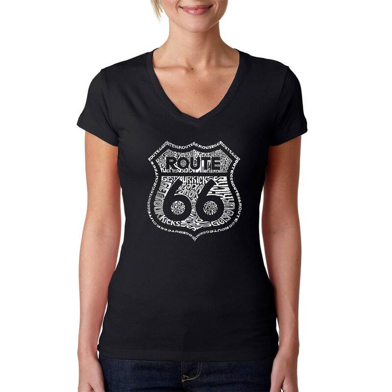 エルエーポップアート レディース トップス Tシャツ Vネック LA Pop Art Get Your Kicks on Route 66 - Women's Word Art V-Neck T-Shirt Black ブラック