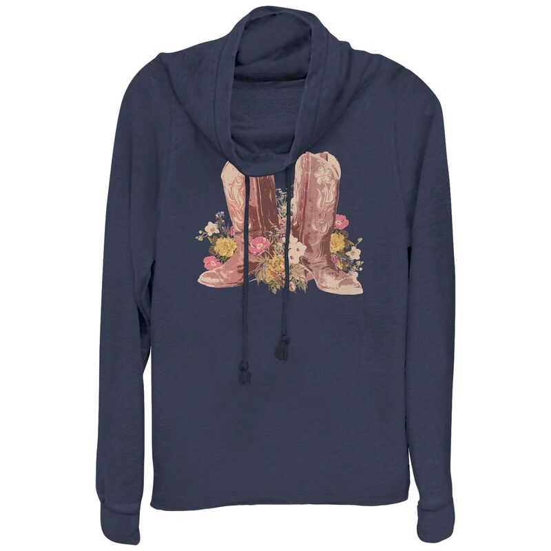 アンブランデッド レディース トップス プルオーバー ブーツ グラフィック Unbranded Juniors\u0027 Cowgirl Boots \u0026 Flowers Cowlneck Graphic Lightweight Long Sleeve Navy 米国海軍