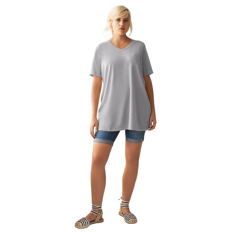 Ellos レディース トップス Tシャツ Vネック プラスサイズ ニット ellos Plusize Stretch Knit V-Neck Short Sleeve Chest Pocketunic Heather Grey グレー
