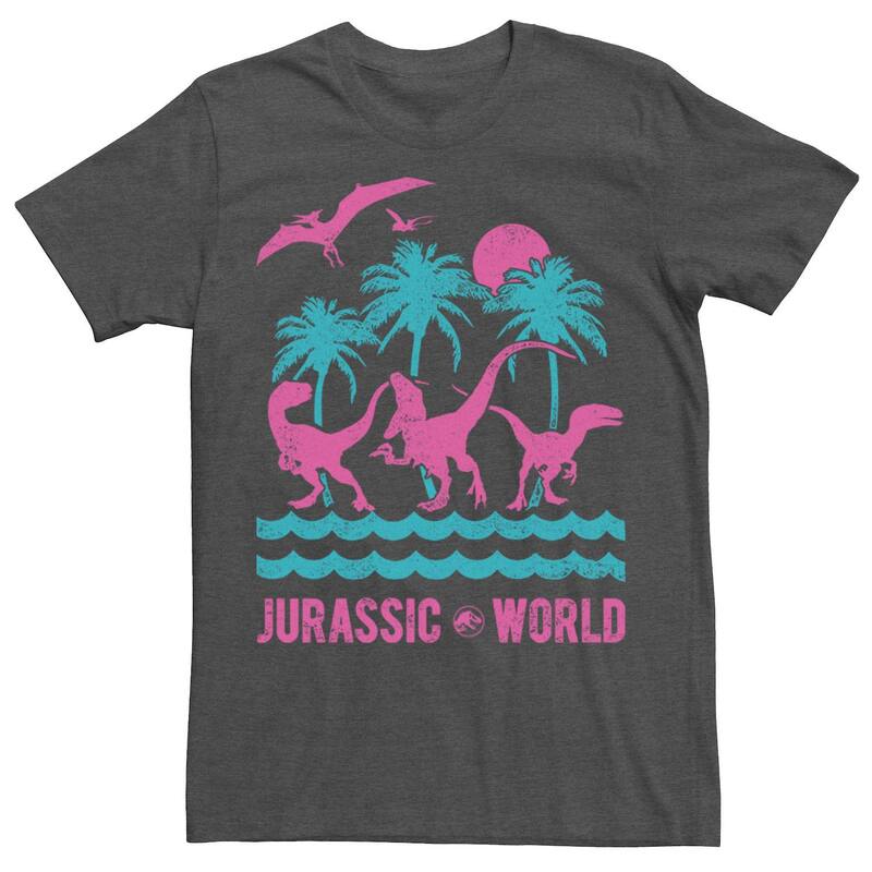 アニメキャラクター レディース トップス Tシャツ Licensed Character Men's Jurassic World Two Dinosaur Beach Retro Tee Charcoal Heather チャコール