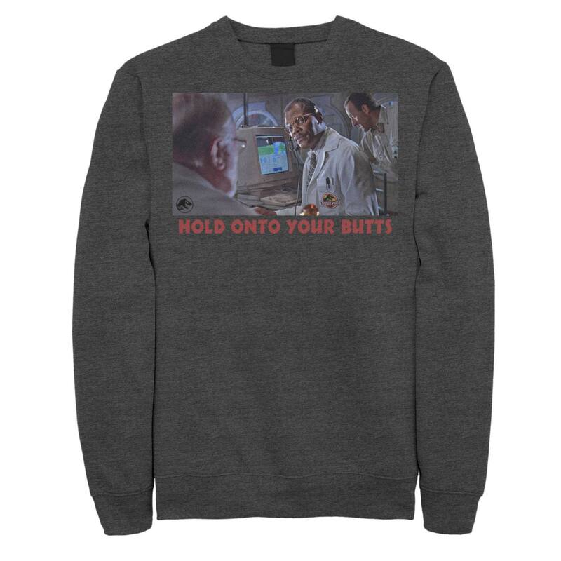 アニメ文字記号 レディース トップス プルオーバー 汗水 Licensed Character Men\u0027s Jurassic Park Doctoray Arnold Hold Onto Your Butts Photo Sweatshirt Charcoal Heather 濃灰色
