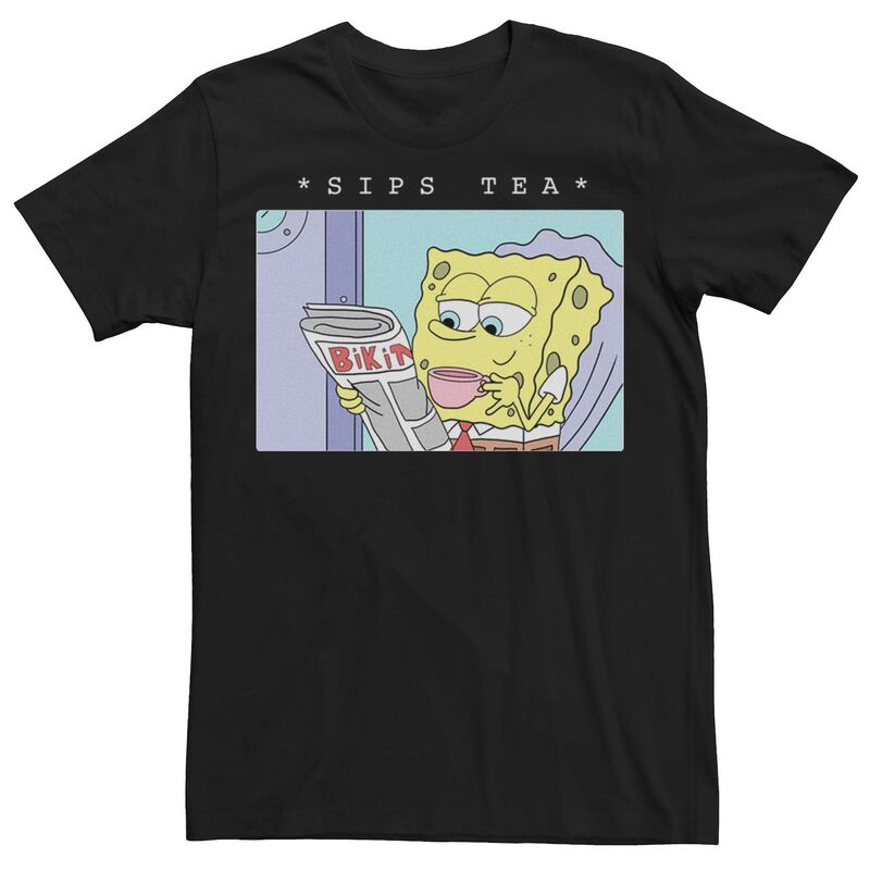 アニメキャラクター レディース トップス Tシャツ パンツ Licensed Character Men'spongeBob SquarePantsips Tea Meme Tee Black ブラック