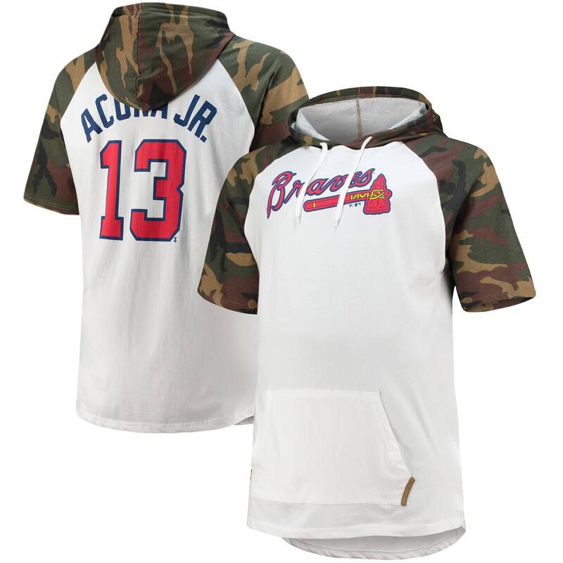 プロファイル レディース トップス ティーシャツ トール パーカー Profile Men\u0027s Ronald Acuna Jr. White/Camo Atlanta Braves Player Big \u0026 Tall Raglan Hoodie T-Shirt Brv White 白いこと Tシャツ・カットソー-トップス