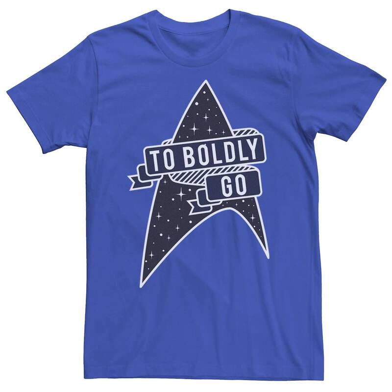 アニメキャラクター レディース トップス Tシャツ ロゴ Licensed Character Men'star Trek Original Series To Boldly Go Logo Ribbon Tee Royal