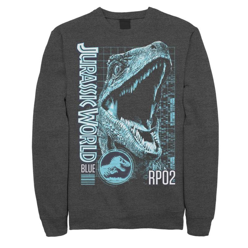 アニメキャラクター レディース トップス Tシャツ スウェット Licensed Character Men's Jurassic World Two Blue Face Tech Schematic Sweatshirt Charcoal Heather チャコール