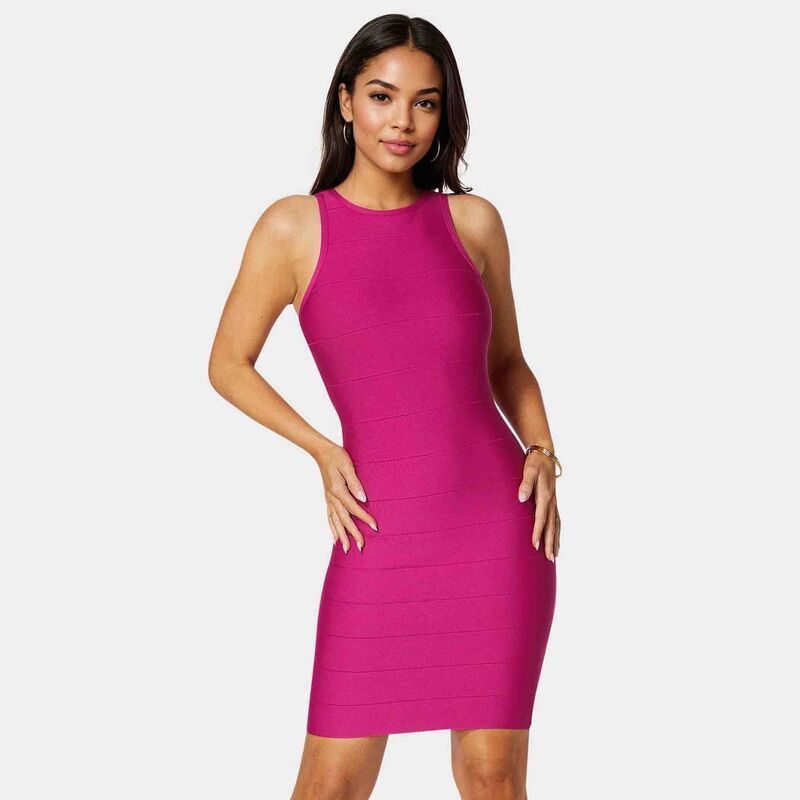 ベベ レディース トップス 衣装 ミニ Women\u0027s bebe Racer Neck Mini Dress Fuchsia フューシャ