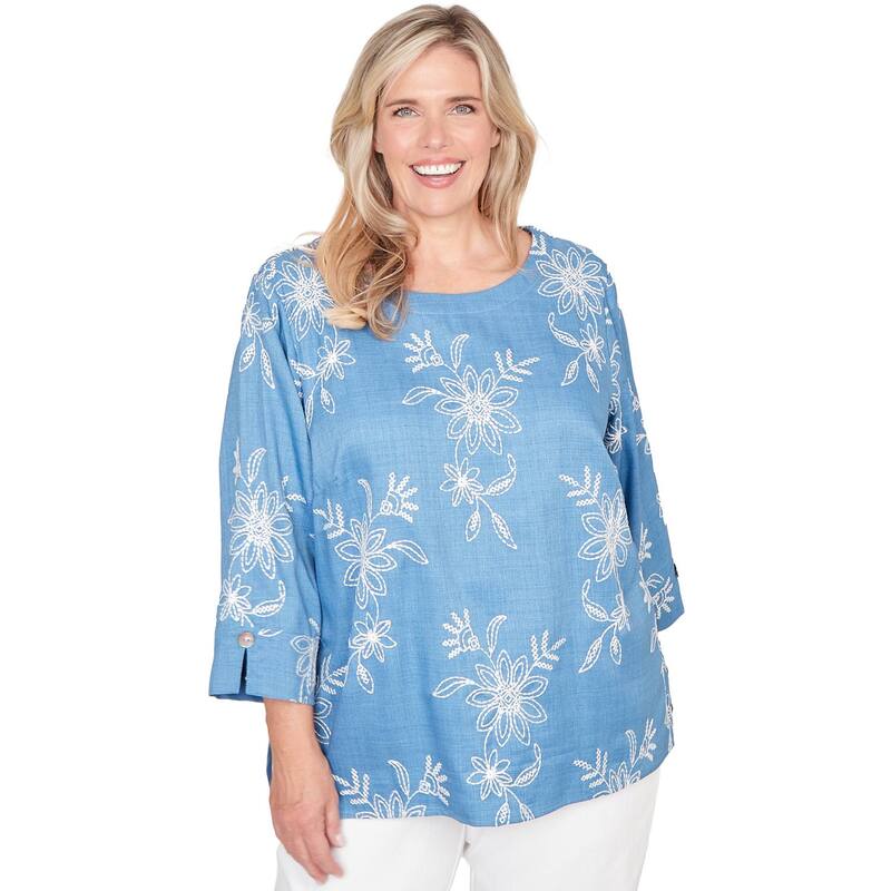 アルフレッド ダナー レディース トップス シャツ フラワー柄 プラスサイズ 刺繍 フラワー Plusize Alfredunner Tossed Floral Embroidered Top Blue ブルー