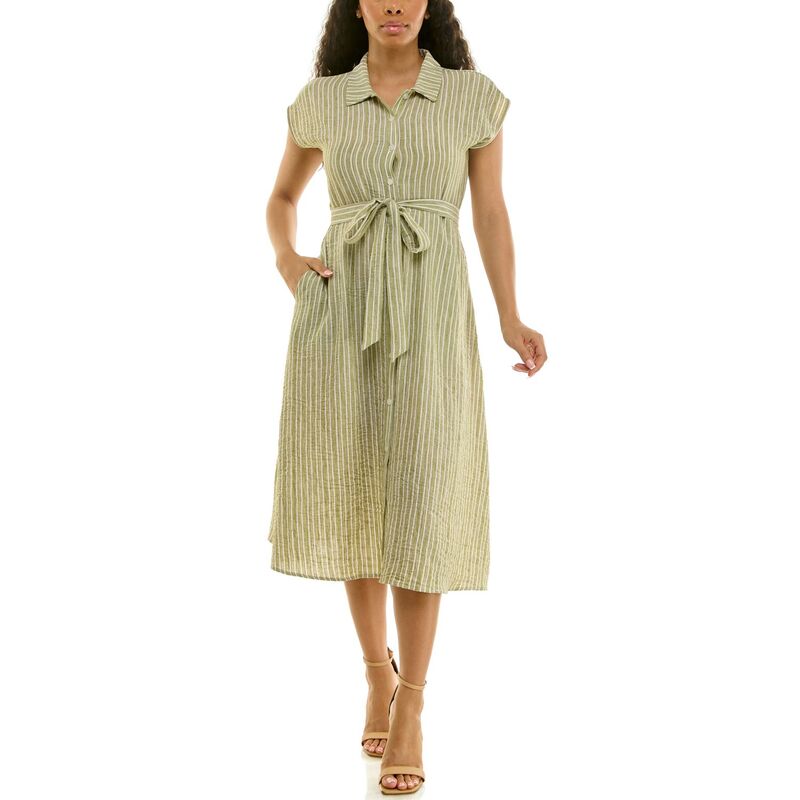 ニナレオナルド レディース トップス ワンピース シャツ キャップ Women's Nina Leonard Striped Cap Sleeve Button-Front Shirt Dressoft Olive White ホワイト