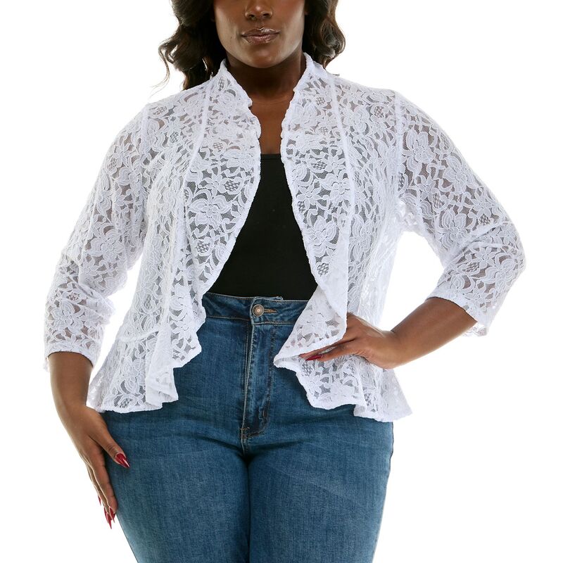 ニナレオナルド レディース アウター ニット・セーター プラスサイズ フリル レース ジャケット Plusize Nina Leonard Ruffle Front Lace Bolero Jacket White ホワイト