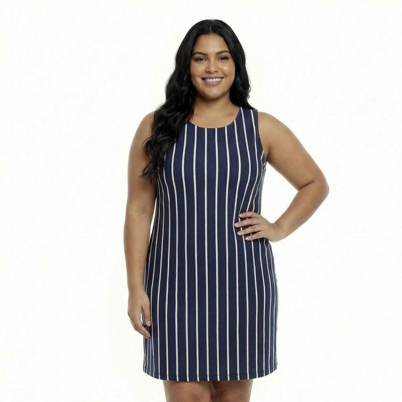 24 セブンコンフォート レディース トップス ワンピース A ライン プラスサイズ ミニ ノースリーブ Plusize 24Seven Comfort Apparel Striped Round Neck Sleeveless A-Line Mini Shift Dress Navy Multi ネイビー 14,220円
