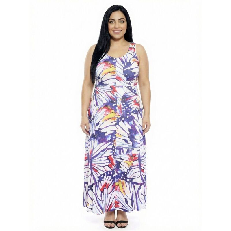 24 セブンコンフォート レディース トップス ワンピース A ライン プラスサイズ ノースリーブ マキシ Plusize 24Seven Comfort Apparel Scoop Neck Sleeveless A-Line Maxi Dress Purple Multi パープル｜ReVida 店