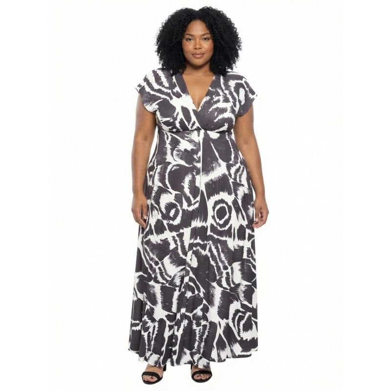 24 セブンコンフォート レディース トップス ワンピース Vネック プラスサイズ エンパイア マキシ Plusize 24Seven Comfort Apparel Abstract V-Neck Empire Waist Maxi Dress Black Multi ブラック|ReVida 店