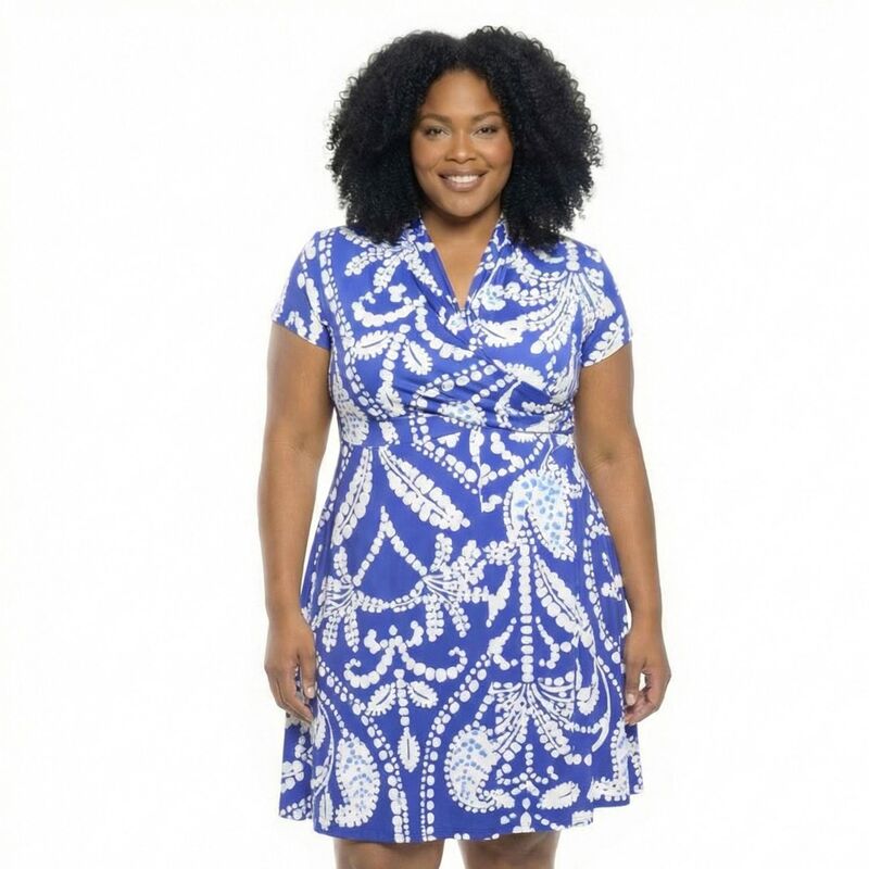 24 セブンコンフォート レディース トップス ワンピース Vネック A ライン プラスサイズ Plusize 24Seven Comfort Apparel Essential Paisley V-Neck Faux Wrap A-Line Dress Blue Multi ブルー|ReVida 店