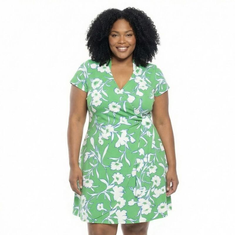 24 セブンコンフォート レディース トップス 衣装 ひざ丈 御花柄 つけ加える大きさ 御花 Plusize 24Seven Comfort Apparel Floral Collar Knee Length Side Tie Wrap Dress Green Multi 緑であること