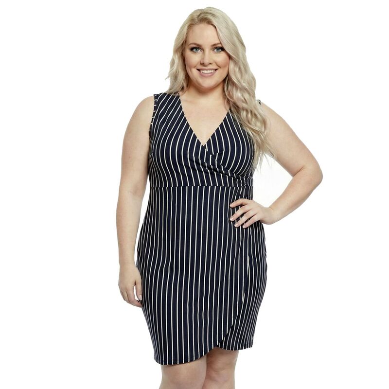 24 セブンコンフォート レディース トップス ワンピース Vネック プラスサイズ ミディ ノースリーブ Plusize 24Seven Comfort Apparel Striped V-Neck Sleeveless Faux Wrap Midi Dress Navy Multi ネイビー