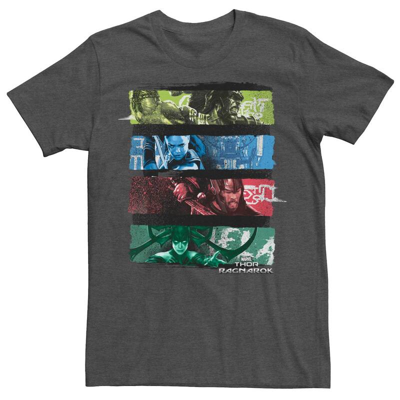 アニメキャラクター レディース トップス Tシャツ Licensed Character Men's Marvel Thoragnarok Good vs Evil Fight In Panels Tee Char Hthr