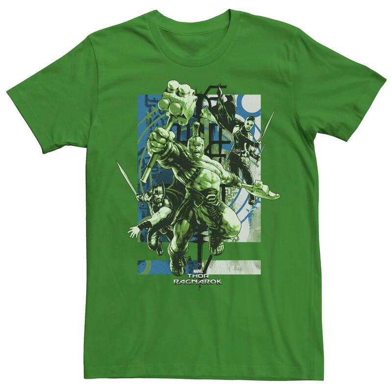アニメキャラクター レディース トップス Tシャツ Licensed Character Men's Marvel Thoragnarok Hulk Valkyrie Heroes On Edge Tee Kelly
