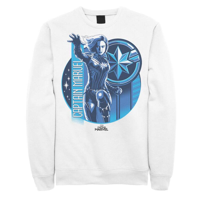 マーベル レディース トップス Tシャツ キャップ ロゴ フリース グラフィック Men's Marvel Captain Marvel Reflective Blue Circle Logo Graphic Fleece Pullover White ホワイト