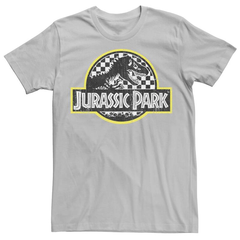 アニメキャラクター レディース トップス Tシャツ ロゴ Licensed Character Men's Jurassic Park Checkered Classic Logo Tee Silver シルバー