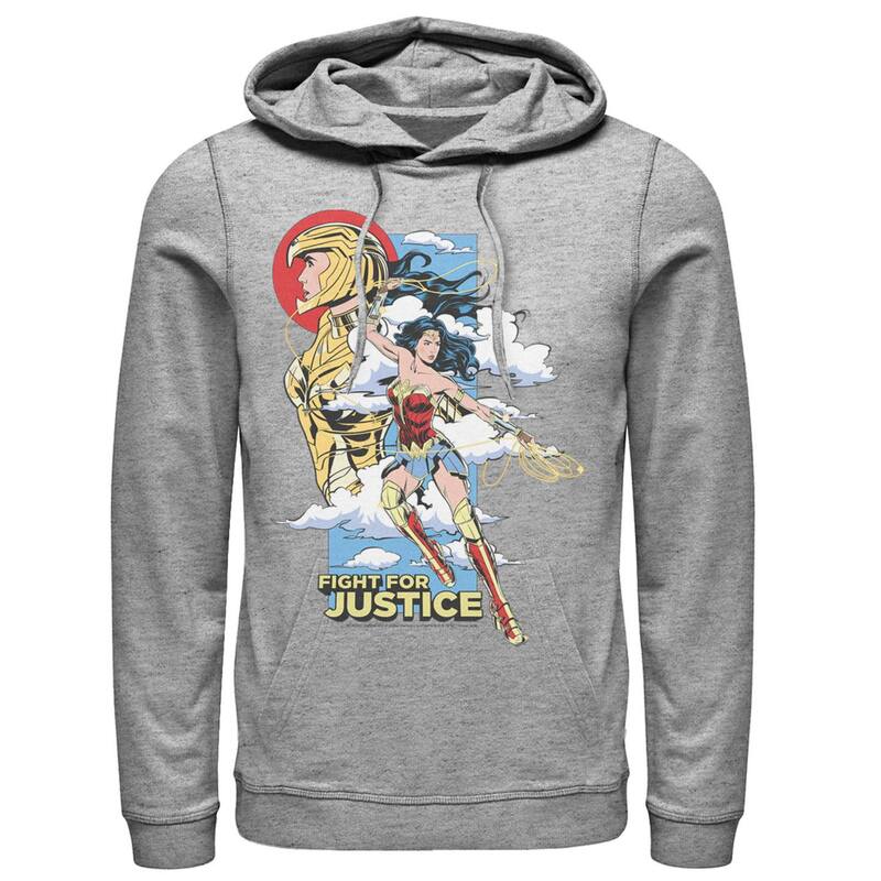 アニメ文字記号 レディース トップス プルオーバー パーカー Licensed Character Men\u0027s DComics Wonder Woman Fight For Justice Poster Hoodie Athletic Heather ギョリュウモドキ