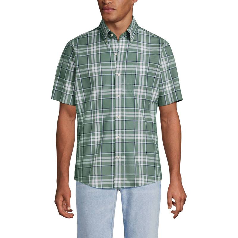 ランズエンド レディース トップス Tシャツ ダウン Men's Lands' End Traditional-Fit No-Iron Button-Down Sport Shirt Eucalyptus Nav Plaid チェック｜ReVida 店