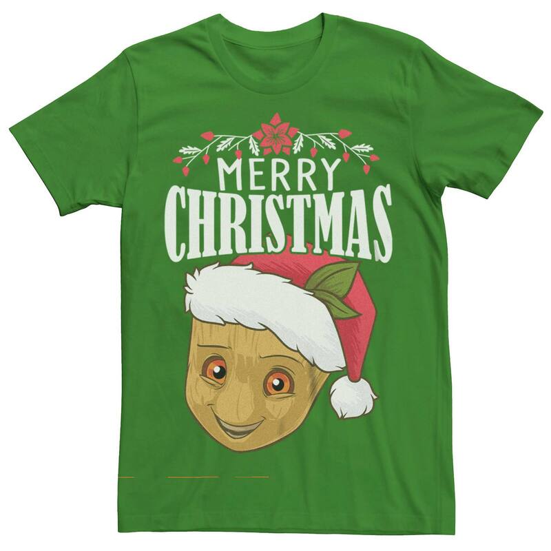 アニメキャラクター レディース トップス Tシャツ グラフィック Licensed Character Men's Guardians Of The Galaxy Groot Merry Christmas Graphic Tee Kelly