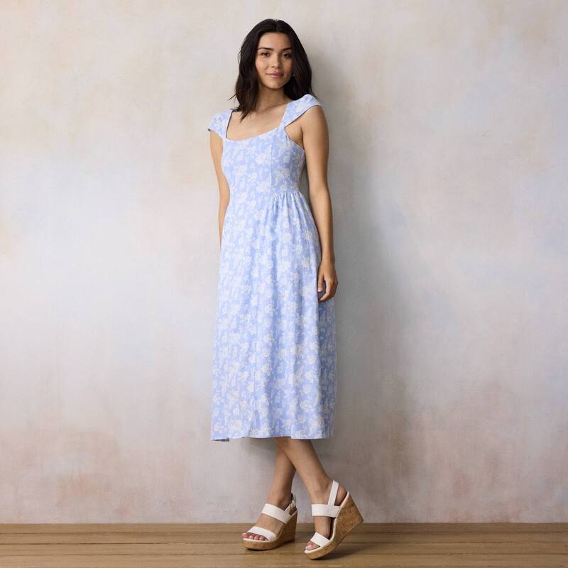 LC Lauren Conrad レディース トップス ワンピース ミディ キャップ Women's LC Lauren Conrad Square Neck Cap Sleeve Midi Dress Blue Paisley Flora ブルー