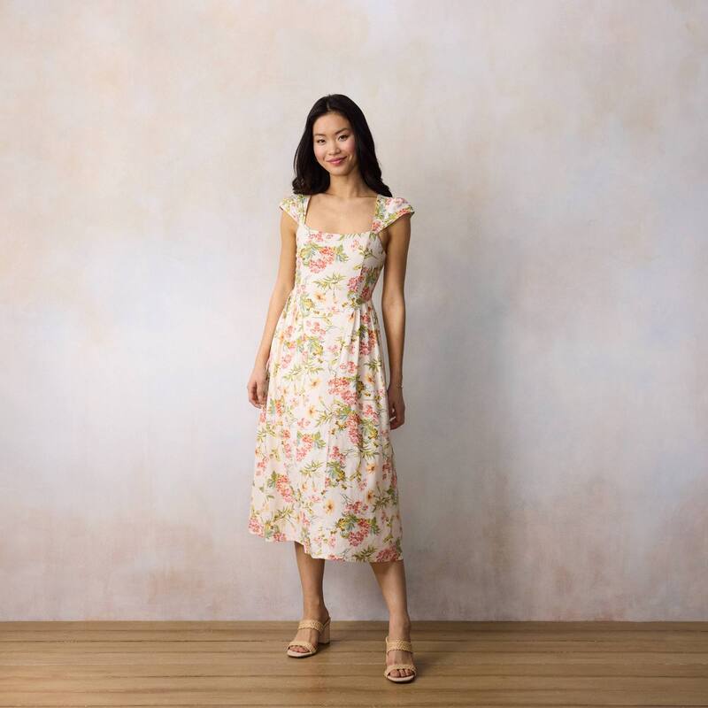 LC Lauren Conrad レディース トップス ワンピース ミディ キャップ Women's LC Lauren Conrad Square Neck Cap Sleeve Midi Dress Cream Ida Wildflowers クリーム