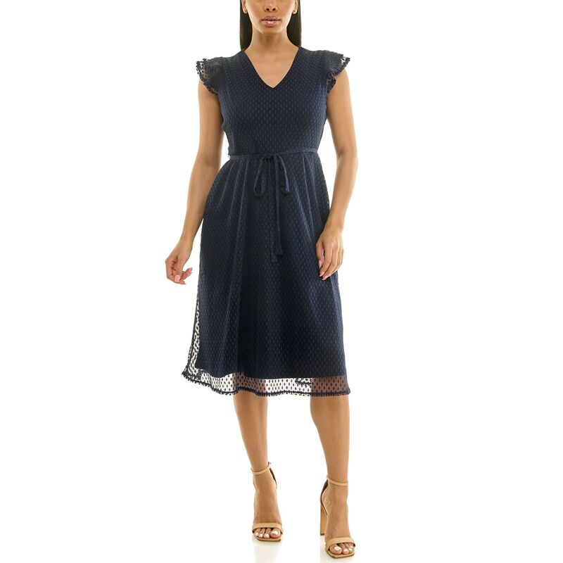 ニナレオナルド レディース トップス 衣装 V素っ首 メッシュ ノースリーブ Women\u0027s Nina Leonard Sleeveless V-Neck Fit \u0026 Flare Mesh Dress Navy 米国海軍