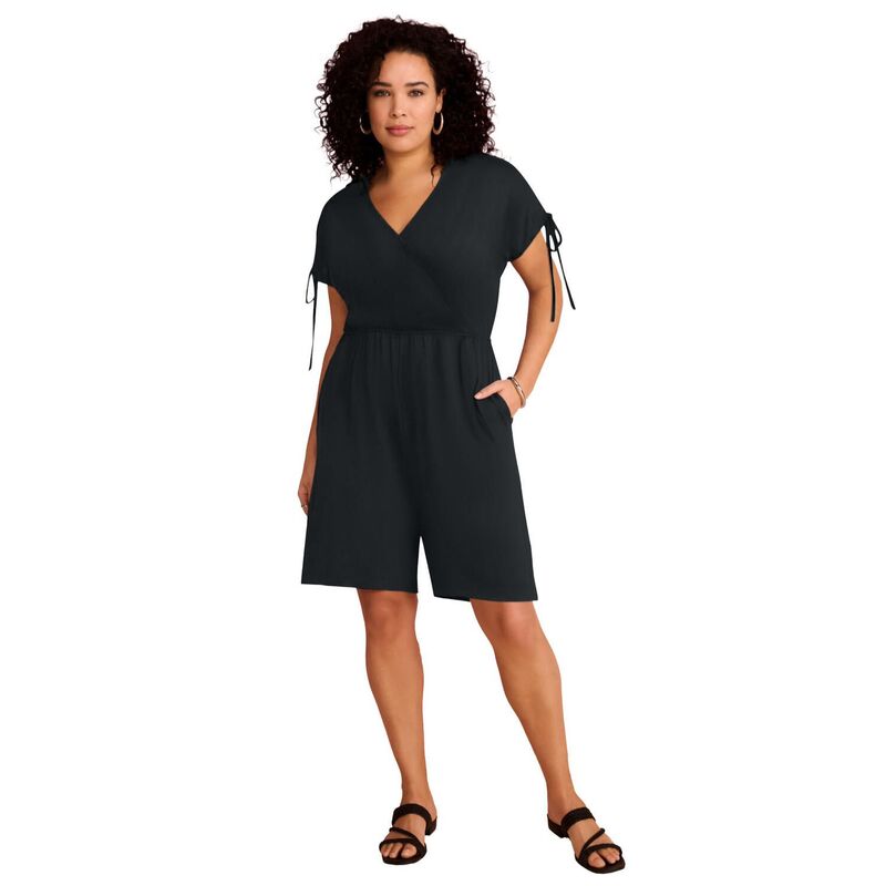 ロアマンズ レディース トップス 衣装 付け加える大いさ ロンパース 編み物 Roaman\u0027s Women\u0027s Plusize Stretch Knit Faux-Wrap Sleeve Romper Black 黒いこと ワンピース-レディースファッション