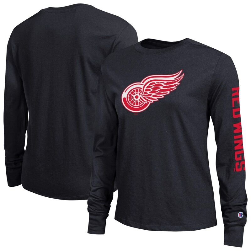 はやりっ児 レディース トップス ティーシャツ Women\u0027s Champion Black Detroit Red Wings 2-Hit Long Sleeve T-Shirt Rdw Black 黒いこと Tシャツ・カットソー-トップス-レディースファッション