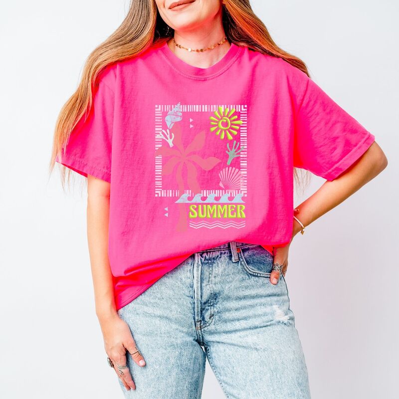 Simply Sage Market レディース トップス ティーシャツ 刷り上げる グラフィック Simply Sage Market Summer Icons Colorful Puff Print - Women\u0027s Garment Dyed Graphic T-Shirt Neon Pink サクラ色 トップス-レディースファッション