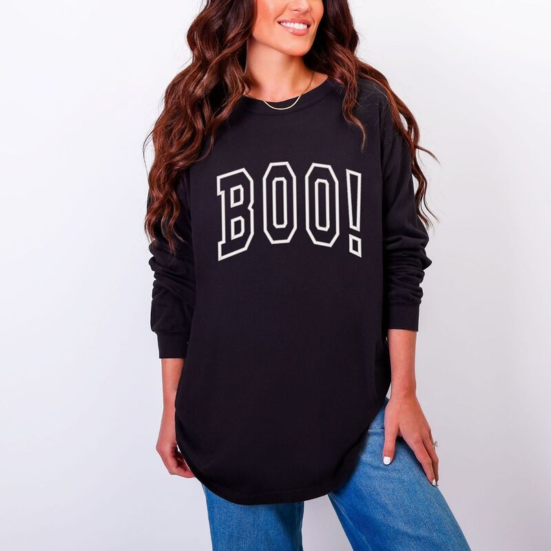 Simply Sage Market レディース トップス ティーシャツ 刺しゅう グラフィック Simply Sage Market Embroidered Boo Arched - Women\u0027s Garment Dyed Long Sleeve Graphic T-Shirt Black 黒いこと レディースファッション-トップス-Tシャツ・カットソー