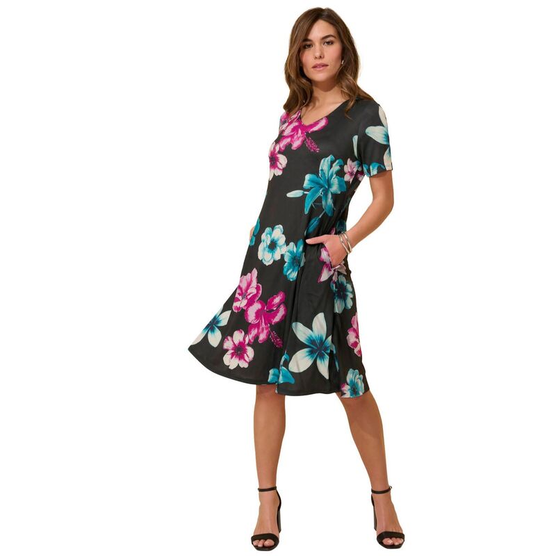 ロアマンズ レディース トップス 衣装 付け加える大いさ プルオーバー 編み物 Roaman\u0027s Women\u0027s Plusize Stretch Knit Swing Pocket Shirtdress Black Bold Hibiscus 黒いこと レディースファッション-ワンピース