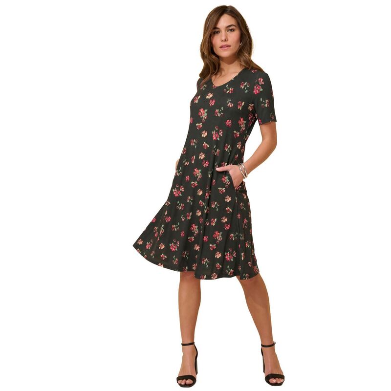 ロアマンズ レディース トップス ワンピース プラスサイズ シャツ ニット Roaman's Women's Plusize Stretch Knit Swing Pocket Shirtdress Black Brushed Flowers ブラック｜ReVida 店