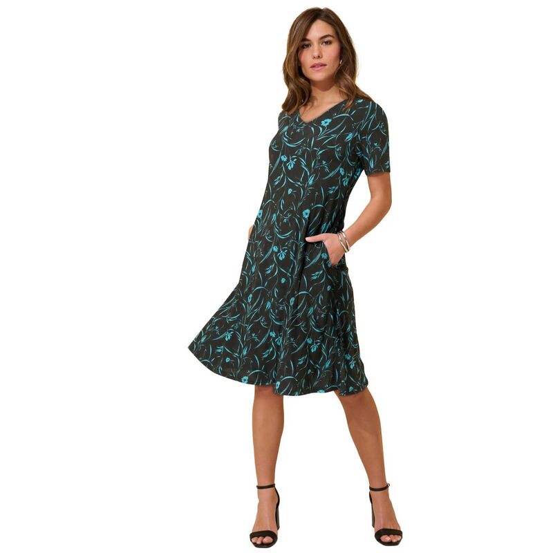 ロアマンズ レディース トップス ワンピース プラスサイズ シャツ ニット Roaman's Women's Plusize Stretch Knit Swing Pocket Shirtdress Black Painterly Vine ブラック|ReVida 店