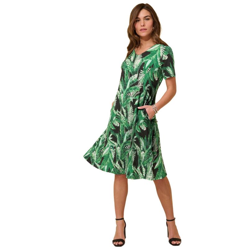 ロアマンズ レディース トップス ワンピース プラスサイズ シャツ ニット Roaman's Women's Plusize Stretch Knit Swing Pocket Shirtdress Green Palm Leaves グリーン|ReVida 店