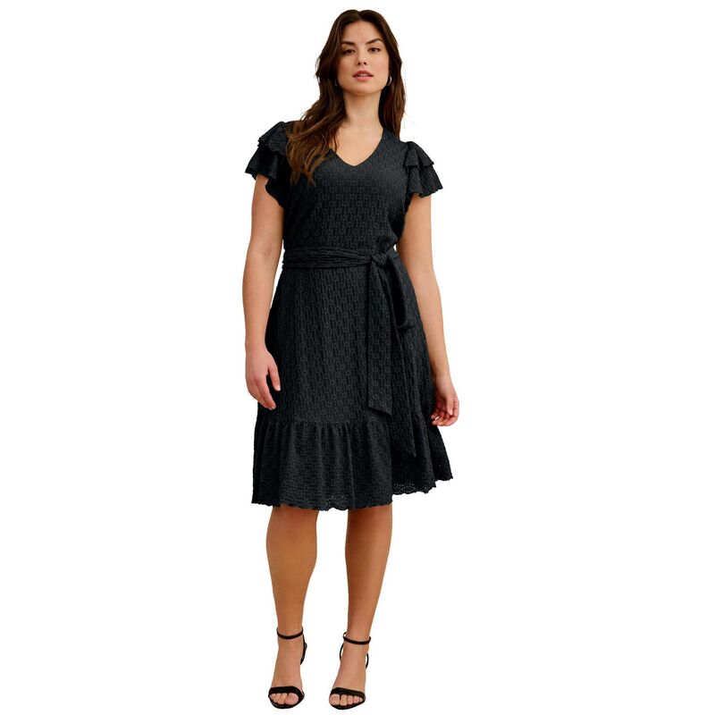 Ellos レディース トップス 衣装 つけ加える大きさ フラウンス スピード競技 編み物 Ellos Plusize Stretch Knitie Waist Ruffle Lace Dress Black 黒いこと