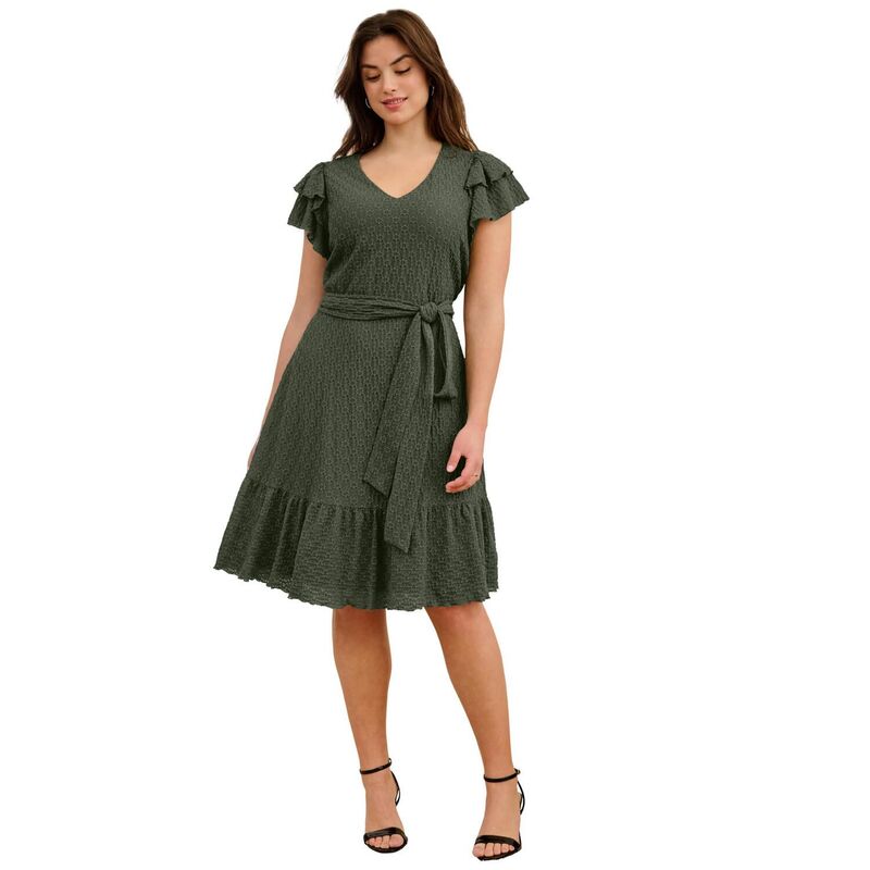 Ellos レディース トップス 衣装 つけ加える大きさ フラウンス スピード競技 編み物 Ellos Plusize Stretch Knitie Waist Ruffle Lace Dress Burnt Olive オリーブ
