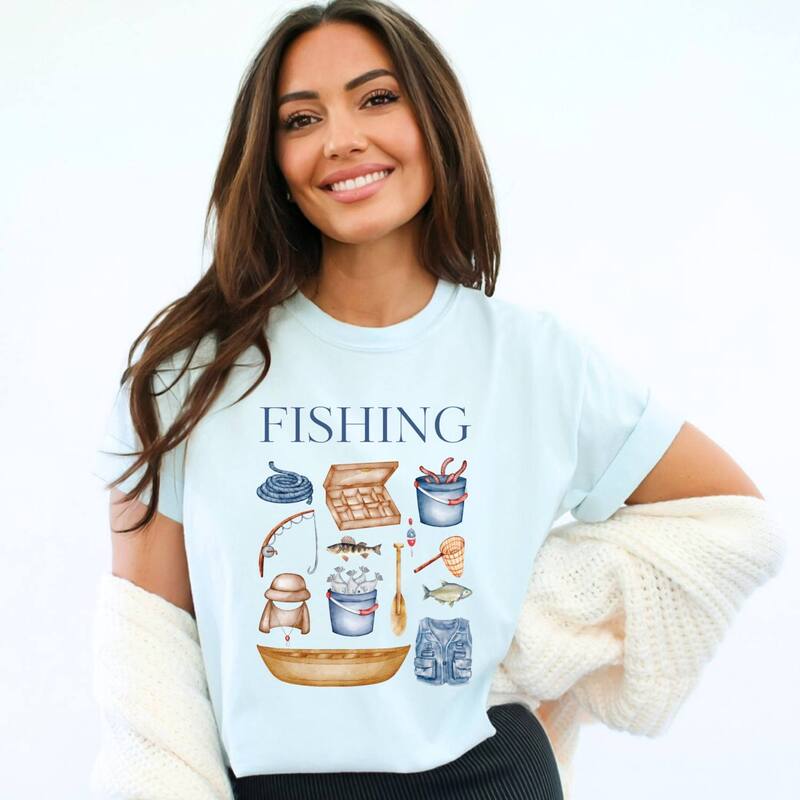 Simply Sage Market レディース トップス Tシャツ グラフィック Simply Sage Market Fishing Watercolor Collage - Women's Garment Dyed Graphic T-Shirt Chambray|ReVida 店